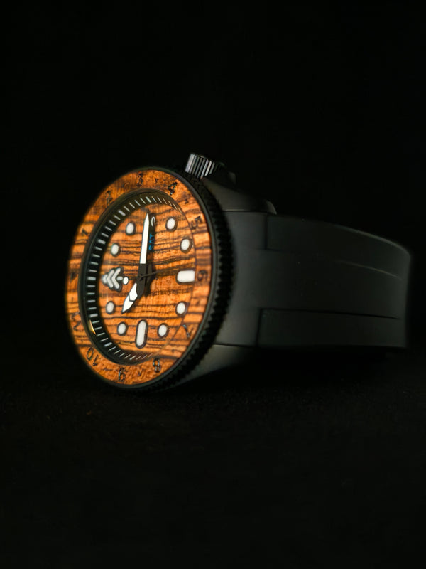 Side Profile of Seiko NH Watch with custom wooden bezel and face