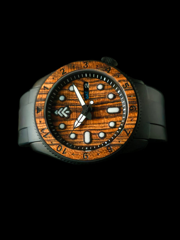 A Seiko mod with wooden face and dial. 