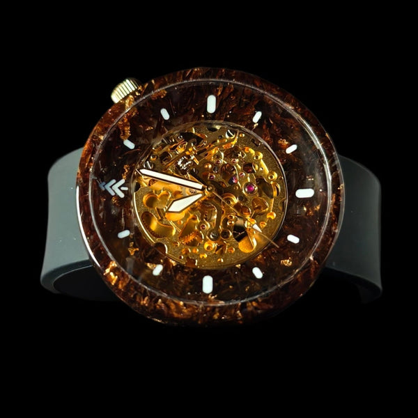 Watch with a transparent face and visible mechanical components on a black background