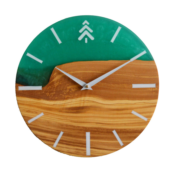 Olive Wood Wall Clock with Emerald Green Resin - 12"