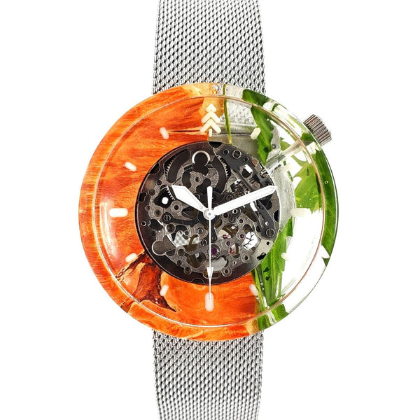 Orange Wood and Resin Watch - Face - Maker Watch Co.