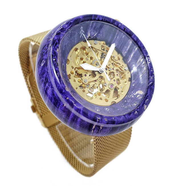 Purple Wood Watch - Side Profile - Gold Movement - Maker Watch Co.®
